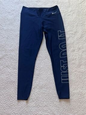 Nike Navy Leggings with White 'Just Do It' Side Graphic